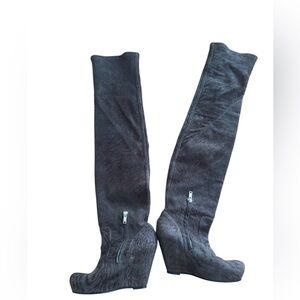 Rick Owens  Brown Thigh High Textured Velvet and leather Wedge Boots sz. 38